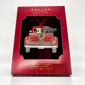 Beacon Design Holiday Pickup Dog Red Truck Tree USA Brass Christmas Ornament